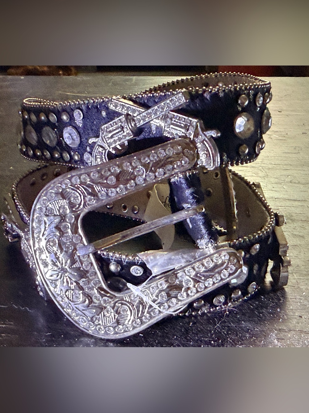 Black Silver cowhide rhinestone gunslinger pistols western bling belt large